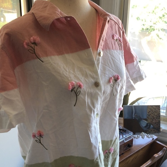 Lemon Grass 90s Y2K Floral Color Block Short Sleeve Button Down - Picture 7 of 8